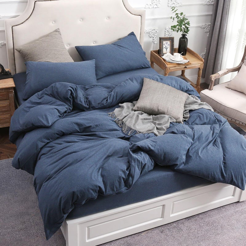 PURE ERA Jersey Knit Duvet Cover Set 100% T-Shirt Cotton Super Soft Comfy 3pc Bedding Set with Zipper Closure (Heather Navy Blue, King) - Image 2